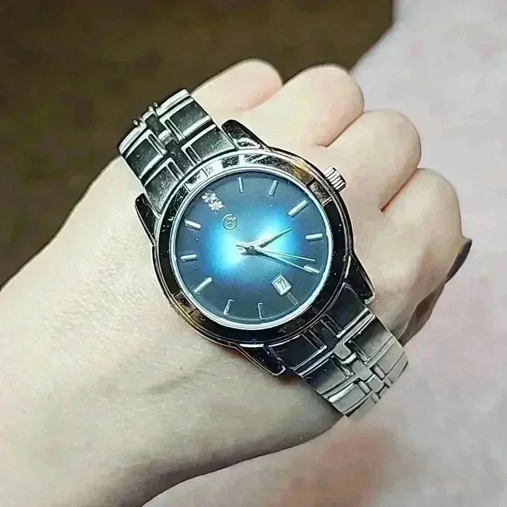George Men's Silver Tone Link Starburst Blue Watch w/ Date Window & Gem Detail